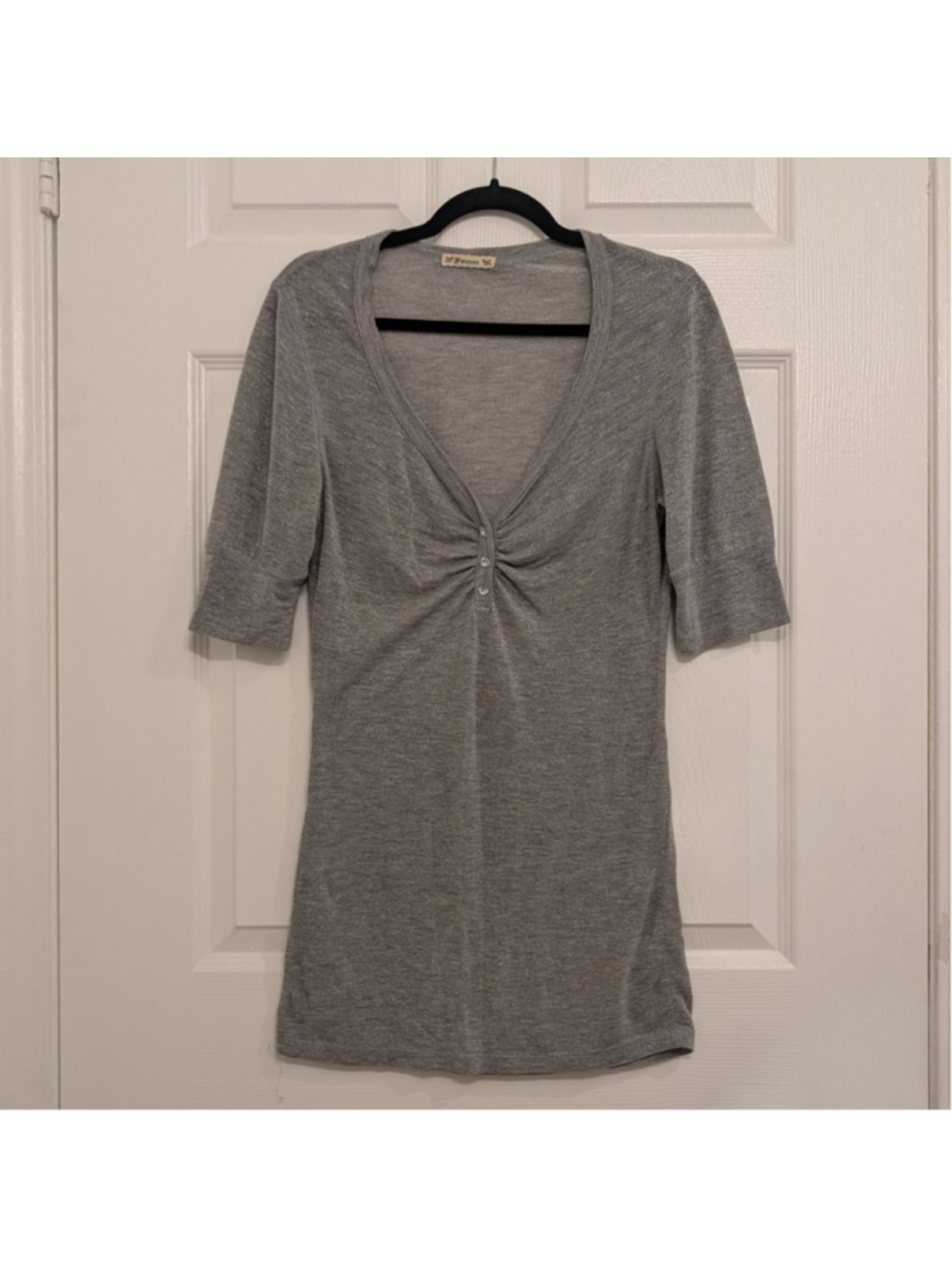Vintage Y2K Forever 21 Silver Metallic Shimmer Tunic Top Gray Ruched V-Neck S/M